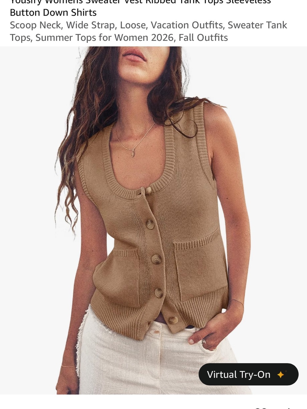 Women's V-Neck Button-Front Sweater Vest in Camel Brown - Picture 2 of 9